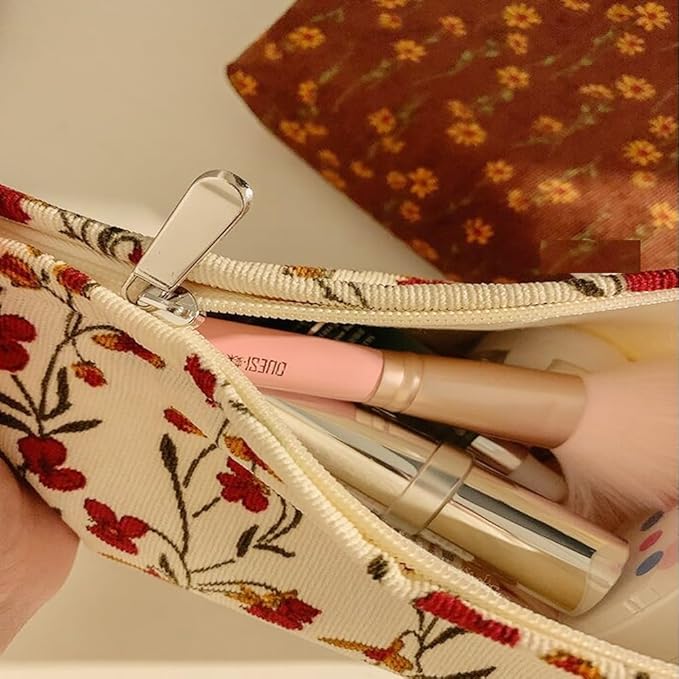 SxoSyo Makeup Bag for Women Cosmetic Bags Large Make up Brushes Pouch Travel Toiletry Zipper Purse Organizer for Gifts (flowers and plants, Beige)