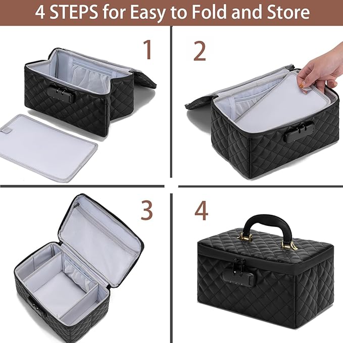 Portable makeup box with Lock, Large Capacity Travel Makeup Case Organizer, Makeup Bags for Girls Traveling With Handle and Divider Makeup Bag (Black)