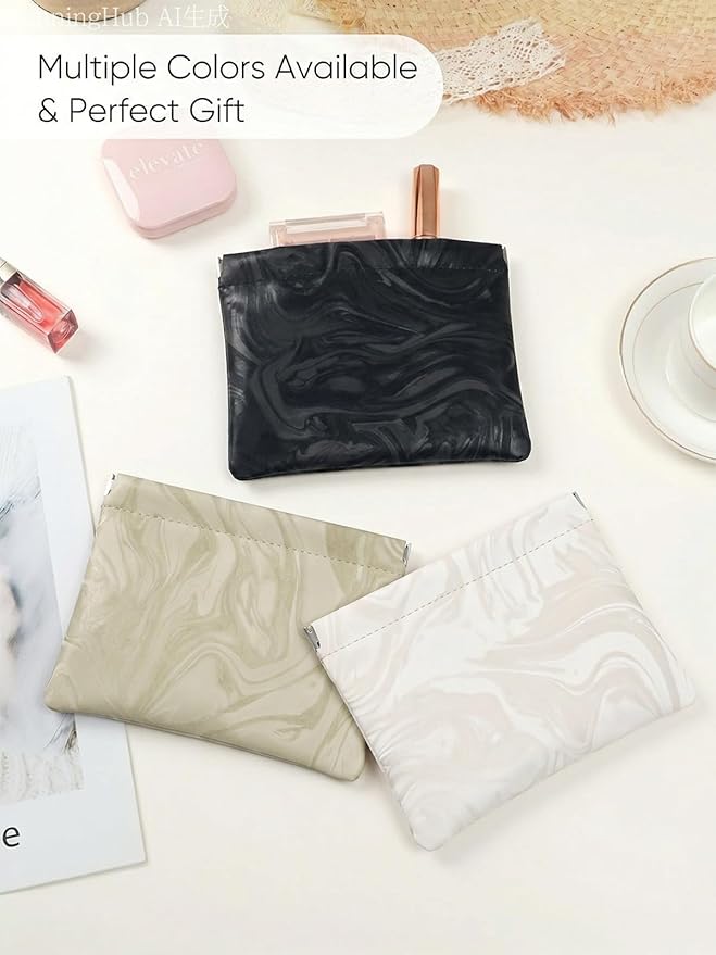 PU Leather Makeup Pouch Set for Women Small Make Up Bag for Purse Waterproof Initial Makeup Cosmetic Bags Pouches for Purse Aesthetic Travel Toiletry Bag,Elegant Wave White