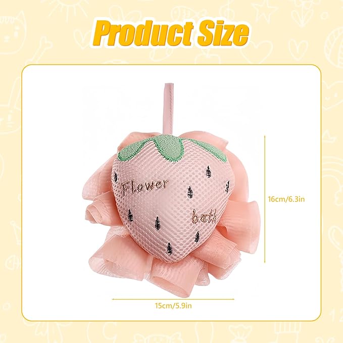 Kids Loofah, Cute Cartoon Animal Kids Bath Sponge with Hanging Rope, Soft Double Mesh for Rich Lather (Pink Strawberry)