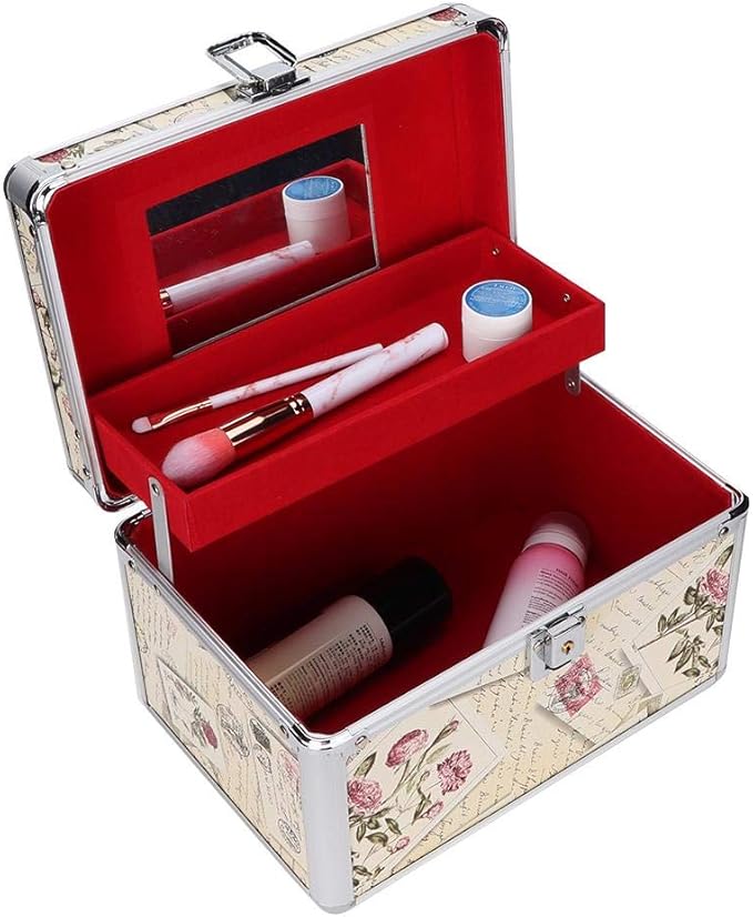 Makeup Case with Mirror, Professional Aluminum Makeup Storage Box, Portable Small Cosmetic Case for Beauty Artists, Travel Cosmetic Train Case Organizer with Dividers and Tool Panel for Brushes