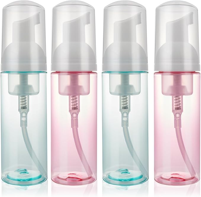 4 Pack Foam Pump Bottle Travel 2 oz/60 ml Small Size Mousse Foam Soap Dispenser Refillable Plastic Foaming Soap Dispenser Empty Travel Foaming Containers for Soap Shampoo Lash Washer