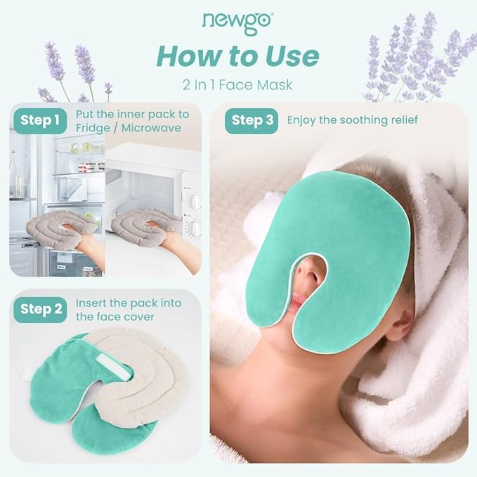 NEWGO Heating Pad Sinus Relief Mask Moist Heat Face Eye Mask Microwavable, Warm Compress for Sinus Pressure Relief, Migraine, Tension Headache Relief - Green