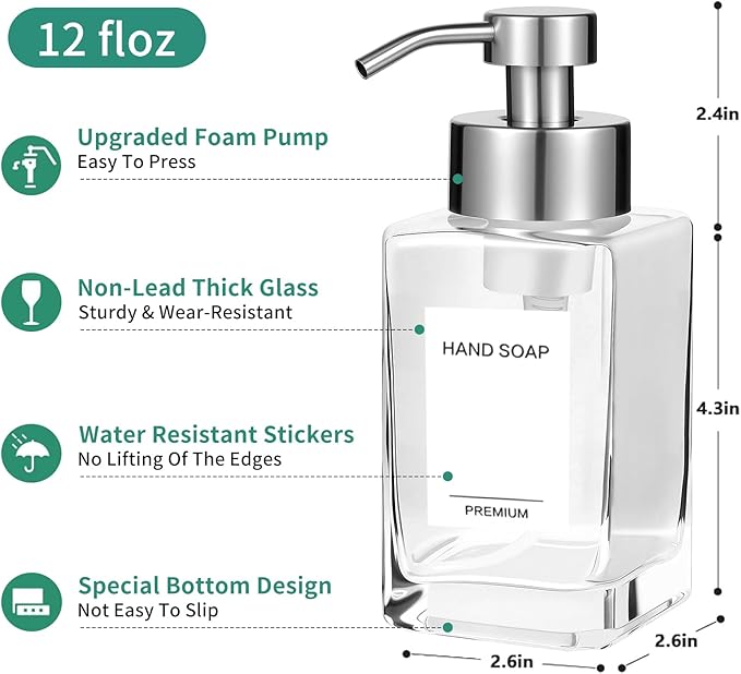 Foaming Soap Dispenser, 12oz/350ml Glass Foaming Hand Soap Dispenser Set,Refillable Foam Dispenser with Foaming Pump, Labels, Square Hand Dispenser for Bathroom, Kitchen 1 Pack