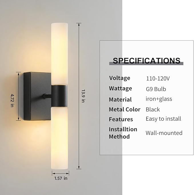 Wall Sconces Set of Two Matte Black Modern Bathroom Sconces Lighting Set of 2 Frosted Glass Shade Indoor Wall Lamp Wall Mounted Lights Metal Wall Light Fixtures for Living Room Stairs