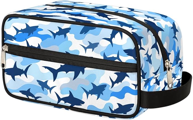 Shark Blue Camo Kids Toiletry Bag for Boys Girls, Cosmetic Makeup Bag with Handle, Travel Shaving Kit Organizer, Waterproof Portable Wash Bag for Gym Vacation Camping Sports