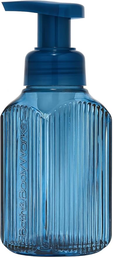 Bath & Body Works Navy Vertical Lines Gentle & Clean Foaming Hand Soap Dispenser, Refillable Glass Holder, Stylish Bathroom & Kitchen Decor