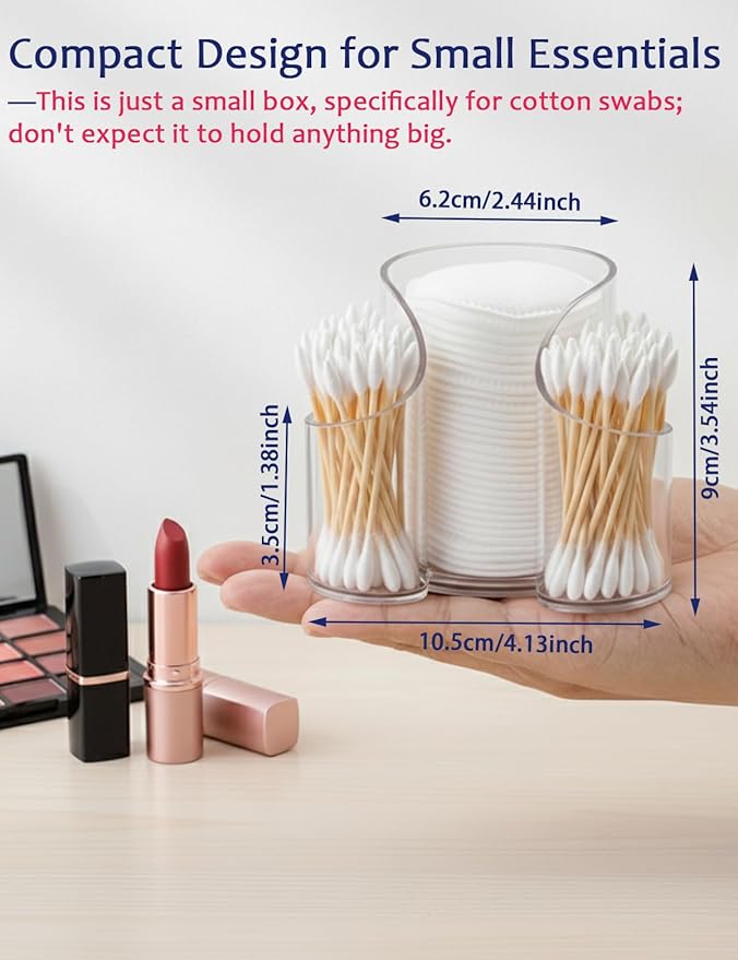 Clear 3-Compartment Vanity Organizer & Cotton Swab Holder - Small Plastic Storage Box for Jewelry, Floss Picks & Hair Accessories - Open Front Countertop Display