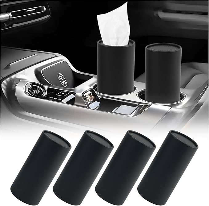 4PCS Car Tissue Holder,Pull Out Minimalist Car Tissues Cylinder with 30-Count Facial Tissue Per Box,Portable Cup Holder Tissues for Cars as Cars Trash Can/Coin Holders (Black)
