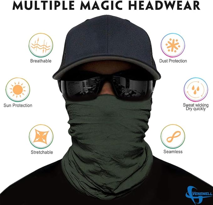 Venswell Neck Gaiter Face Mask Men Women,Seamless Bandana Rave Face Cover Scarf Mask,Balaclava,Headband, Head Wrap,Headwear