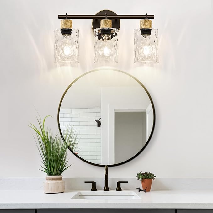 Bathroom Light Fixtures, 3-Light Coastal Vanity Lights with Crystal Glass Shade, Oil-Rubbed Bronze Bathroom Wall Lamp for Mirror Kitchen Hallway Cabinet