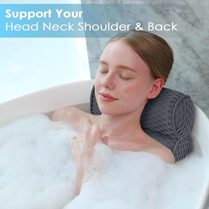 AEROiVi Luxury Bath Pillows for Tub，Bath Pillow Bathtub Pillows for Head and Neck Support Bath Cushion Made from Soft Spacer Mesh Material with Suction Cups,Gray