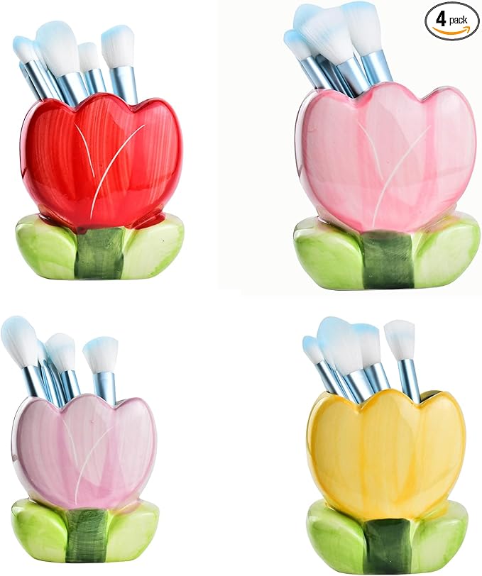 Ceramic Tulip Cosmetic Storage Box, Desktop Organizers Make Up Brush Storage Stand Desktop Storage Box for Brush,Pencil,Art Supplies, Painting Brush (Pink+Purple+Red+Yellow)