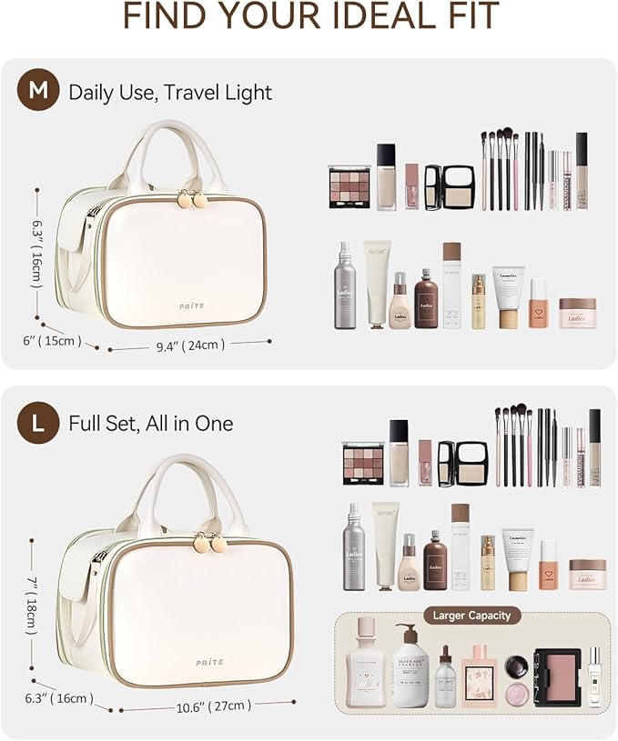 Prite Makeup Bag for Women, Large Capacity Waterproof Travel Cosmetic Organizer, Portable Open Flat Toiletry Bag with Free-standing Brush Holder and Handle(Beige Medium)