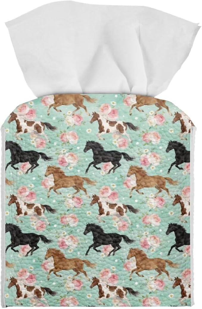 Horses Modern Tissue Box Holder, Waterproof Square PU Leather Napkin Case with Metal Button Closure, Decorative Tissue Cover Organizer for Vanity, Desk, Car, and Living Room