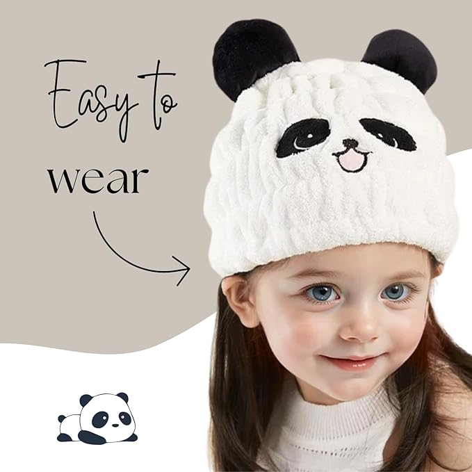 Microfiber Hair Towel Wrap for Kids, Panda Dry Hair Cap Suck Water, Absorbent Quick Girls Boys Hair Drying Towel, Lightweight Bouncy Hat Headscarf for Wet Hair