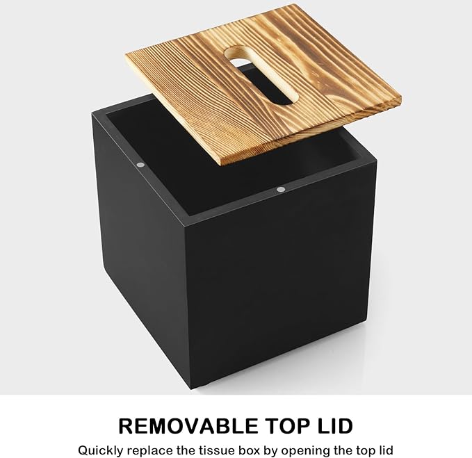 Black Tissue Box Cover Square - Wooden Tissue Box Holder - Decorative Cube Facial Tissue Dispenser for Vanity Toilet Tank Dresser Nights Stand Kitchen Table Office Countertop