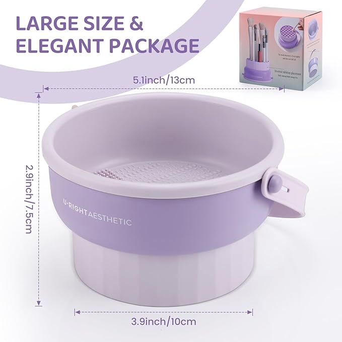 2 Pack Makeup Brush Cleaner Mat 3 in 1 Silicone Makeup Brush Cleaning Bowl Makeup Brush Sponge Scrubber Tool for Cleaning, Storage and Upside Down Drying, (Two Purple)