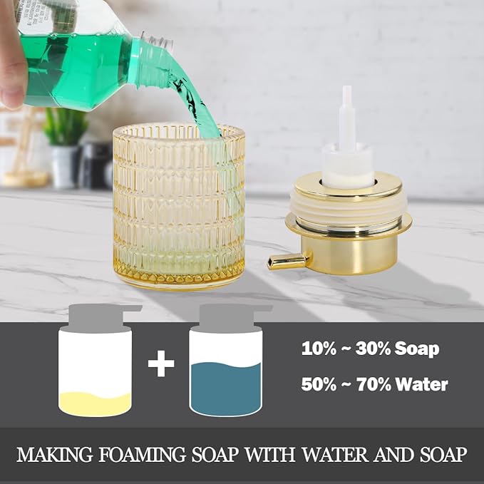 Foaming Soap Dispenser, Amber Glass Foam Soap Dispenser for Bathroom and Kitchen, 10 Oz Refillable Foaming Pump Bottle with Large Pump, Ribbed Bottle Container Decor