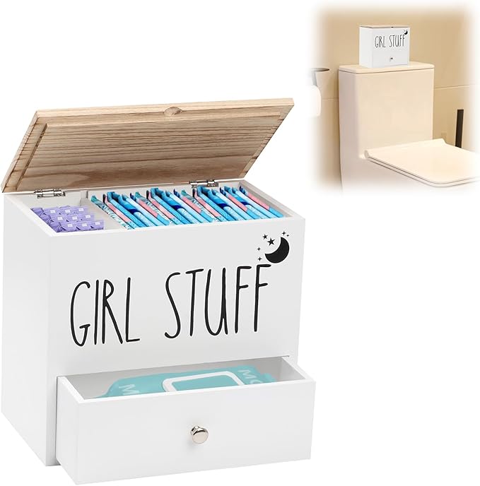 Tampon Holder for Bathroom, Feminine Product Organizer Pad Case with Lid, Pad and Tampon Organizer, Bathroom Accessories Box for Girl Stuff (White with Drawers)