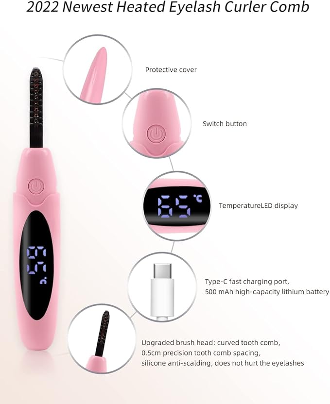 ZAPAL Heated Eyelash Curler, Heated lash Curler, Intelligent Power Off Electric Eyelash Curler Heated Quickly 24 Hs Lasting Natural Makeup (Pink, X6-132MM)