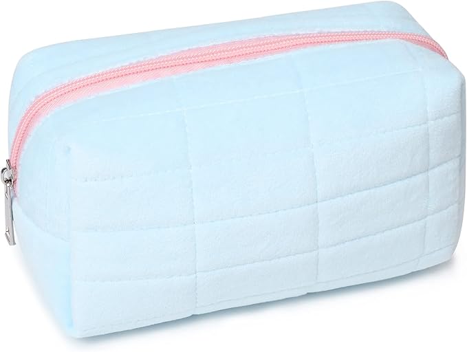 SOIDRAM Makeup Bag Plush Cosmetic Bag Cute Aesthetic Makeup Bag Blue Makeup Pouch Travel Toiletry Bag Organizer Soft Makeup Brushes Accessories Storage Bag for Women