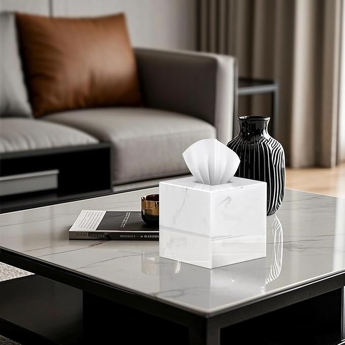 SILUT Tissue Box Cover Square, Marble Texture Tissue Box Holder, Decorative Tissue Holder for Bathroom, Kitchen, Vanity, Modern Tissues Organizer