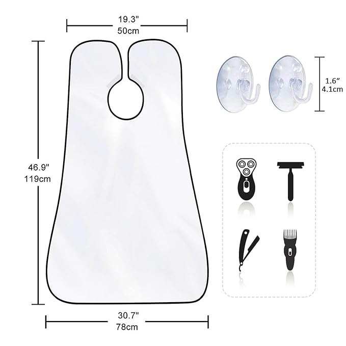 Beard Bib Apron for Men, Father's Day Gift Beard Trimming Catcher Bib for Shaving & Hair Clippings, Waterproof Non-Stick Hair Catcher Grooming Cloth with 2 Suction Cups(White)