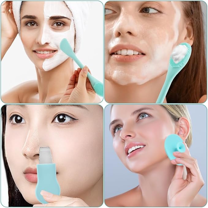 2-in-1 Blackhead Remover Tool for Face & Nose – Pore Cleaning Brush, Face Scrubber, Skin Care Scraper, Mask Applicator & Spatula for Men and Women | Deep Cleansing | Blue