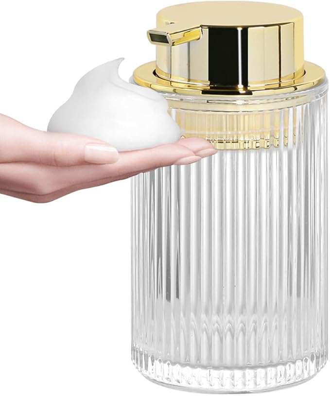 Foaming Soap Dispenser, 12 Oz Clear Glass Foam Hand Soap Dispenser, Refillable Glass Foam Pump Bottle Container Decorative Slim Ribbed Bottle for Bathroom and Kitchen