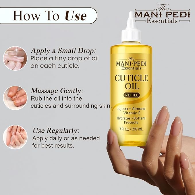 Professional Cuticle Oil Refill/Bulk Pack with precision nozzle for easy refilling - 7 Fl Oz. Enriched with Jojoba Oil, Vitamin E & Sweet Almond Oil. Nail Tech Supplies for Nourished Nails & Cuticles