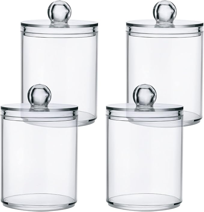 White Qtip Holder Organizer Dispenser Cotton Swabs Cans Plastic Jars with Lid Set 2 Pack Bathroom Storage Canister for Cotton Ball Floss Cotton Pads