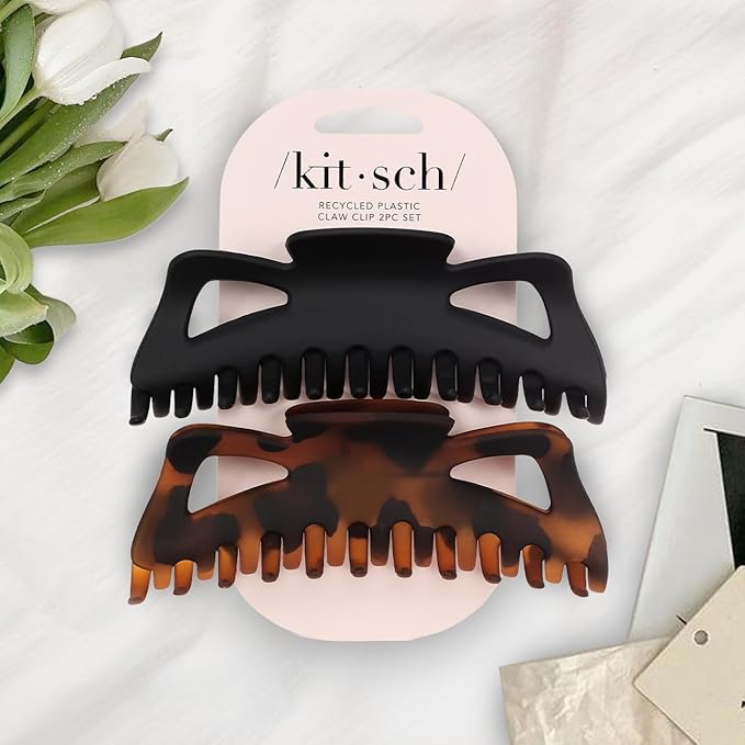 Kitsch 5 Inch Large Claw Clips for Thick and Long Hair | Strong Grip Jumbo Claw Clip for All-Day Hold | 2pcs Matte Oversized Hair Accessories | Ideal Gifts for Women - Black & Tortoise Design