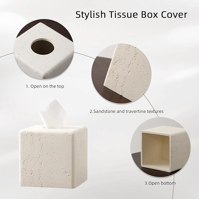 Tissue Box Cover Square, Resin Facial Tissue Holder Covers Toilet Paper Holder Decorative Travertine Paper Dispenser Home Decor for Bathroom Bedroom Living Room Office (Off White)