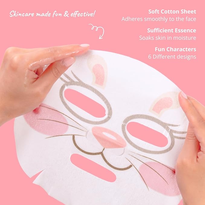 Epielle Character Face Mask Fuzzy Friends 12 Pack, Fun & Effective Korean Skin Care, Spa Party Favors, Easter Basket Stuffers, Birthday Gifts for Women, Self Care Gifts