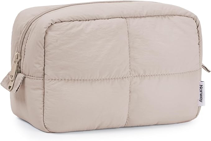 Narwey Travel Makeup Bag for Women Girl, Quilted Makeup Bag Cosmetic Make up Organizer Bags, Cute Small Travel Toiletry Bag for Toiletries (Khaki)