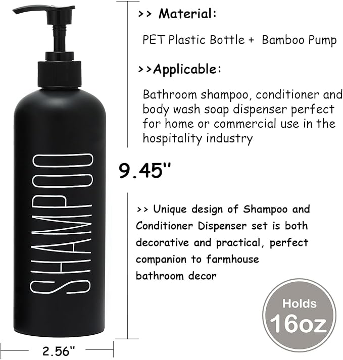 HOMCDALY Black Shampoo and Conditioner Dispenser, 16oz 3-Pack Refillable Pump Bottles, Shampoo Conditioner Body Wash Dispensers Bottles, Bathroom Shower Dispenser (Black-2