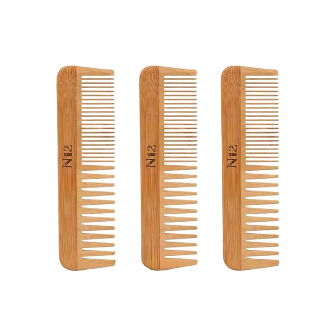 N12 Set of 3 Handmade Natural Bamboo Wooden Comb with Fine Wide Tooth, 17.5 cm - Eco-Friendly Anti-Frizz Detangler for Straight, Wavy, Curly Hair of Women, Men, Wood Birth Comb for Labour Pain