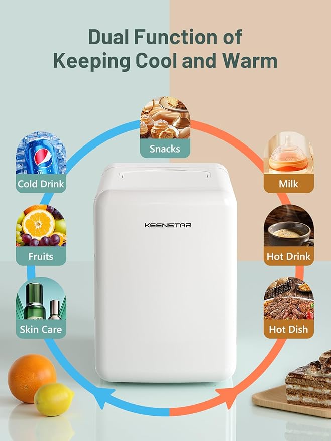 KEENSTAR Mini Fridge, 6 Liter/8 Can Small Fridge, 110V AC/ 12V DC Cooler and Warmer for Bedroom, Cosmetics, Office, Dorm and Car, Portable Personal Refrigerator for Cosmetics, Skincare and Food