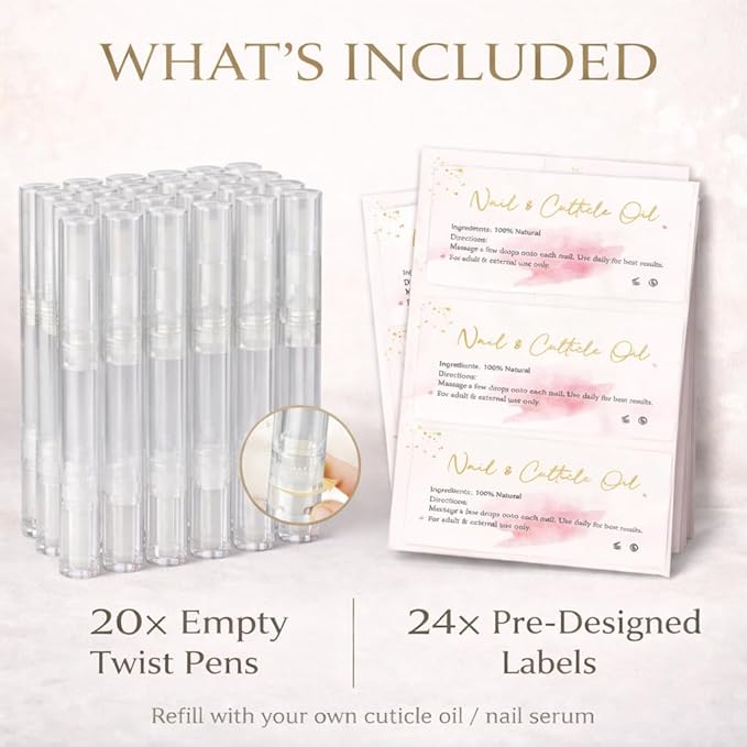 20 Pack 3ml Empty Cuticle Oil Pens Nails Oil Transparent Twist Pen with Brush Tip Label Sticker for Nail Business Retail(20pen+labels)