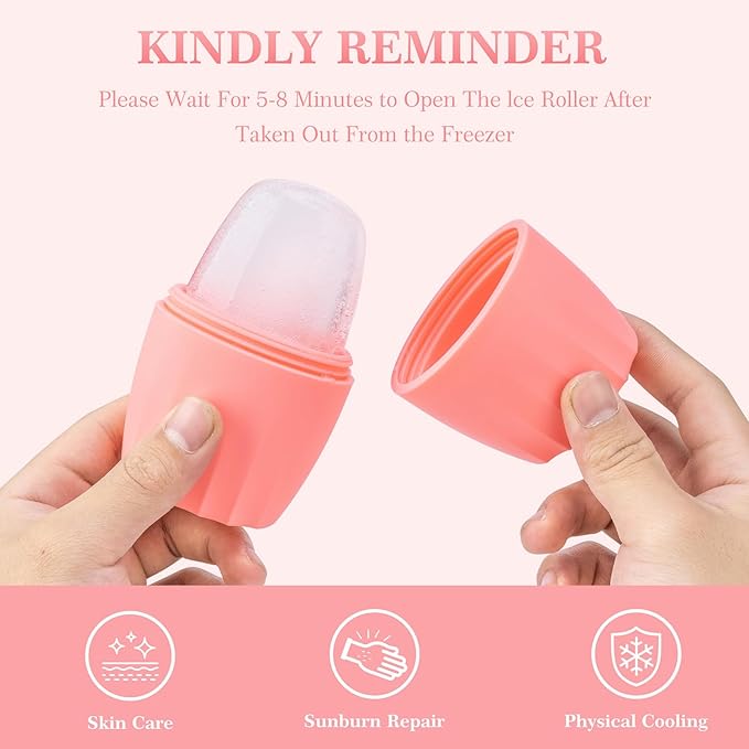 2 PACK Reusable Cube Silicone Mold Ice Roller For Face Cold Therapy Facial Massage Roller (Pink + Blue)