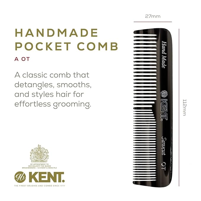Kent OT Pocket Comb - Handmade Fine and Wide Tooth Hair Comb for Men, Women, and Kids - Travel, Beard, and Mustache Comb - Saw Cut and Hand Polished Made in England