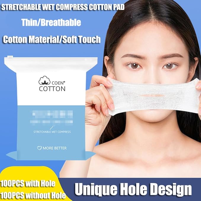 200PCS Makeup Wet Cotton Pads for Face Stretchable Wet Compress Cosmetic Cotton Pads with Hole Tear Mask Paper Towel Makeup Remover Cotton Sheets Moisturizing Facial Makeup Pads