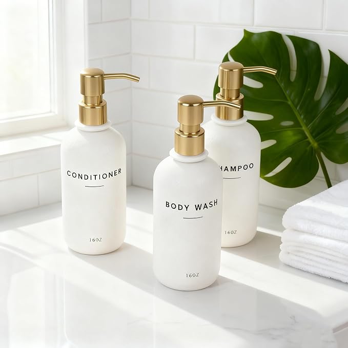 Set of 3 Shampoo and Conditioner Dispenser Stainless steel pump head - 16oz Durable Shower Soap Dispenser and Shampoo Bottles - Easy to Refill Bathroom soap dispenser set Bathroom Decor with Labels
