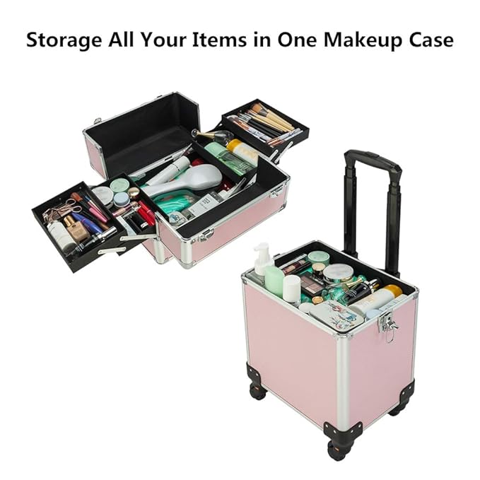 mefeir 4 in 1 Rolling Makeup Train Case, Aluminum Makeup Travel Organizer Cosmetic Case, Cosmetology Display Suitcase on Wheels, Beauty Storage Luggage Lockable w/4 Removable Wheels (Pink)