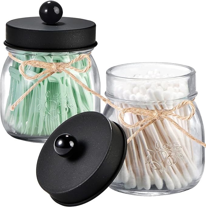 SheeChung 4 Pack Apothecary Jars with Lids, Bathroom Organizers and Storage, Qtip Holders Set, Bathroom Decor, Small Mason Jars for Q-tips, Cottons, Floss, Balls, Cotton Swabs-Black