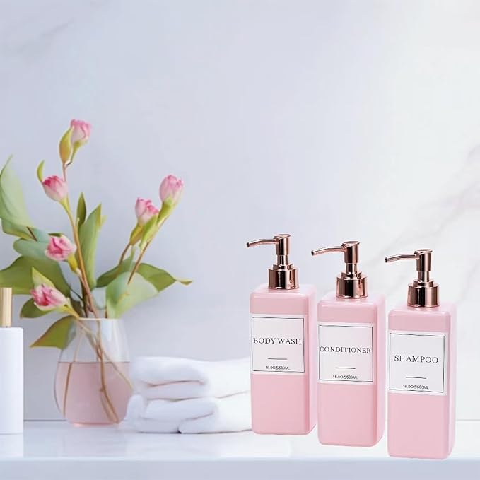 Shampoo and Conditioner Dispenser for Shower, Refillable Shampoo and Conditioner Bottles Body Wash Dispenser with Waterproof Labels, 3PCS Soap Dispenser Bathroom Pink Rose Gold Empty Pump Bottle