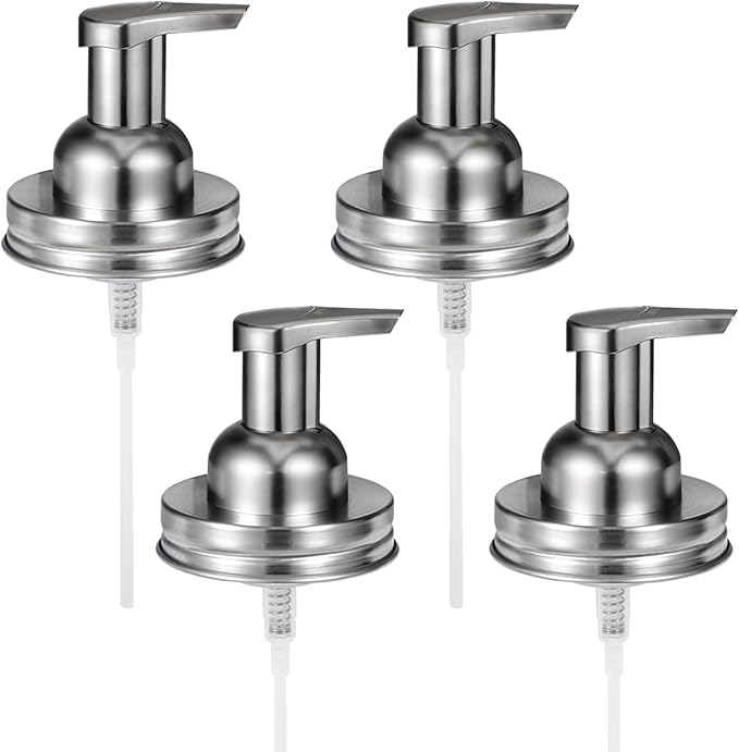 Amolliar Mason Jar Foaming Soap Dispenser Lids, Plastic Foam Pump Lids for Regular Mouth, Foaming Replacement Pump Set, Farmhouse Kitchen BathroomShower, Includes Waterproof Stickers - 4 Pack, Silver