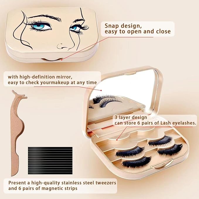 False Eyelash Storage Case with Mirror Lash Organizer Holder Box Empty Makeup Cosmetic Travel Case and Eyelash Tweezers Lash Container (Gold)