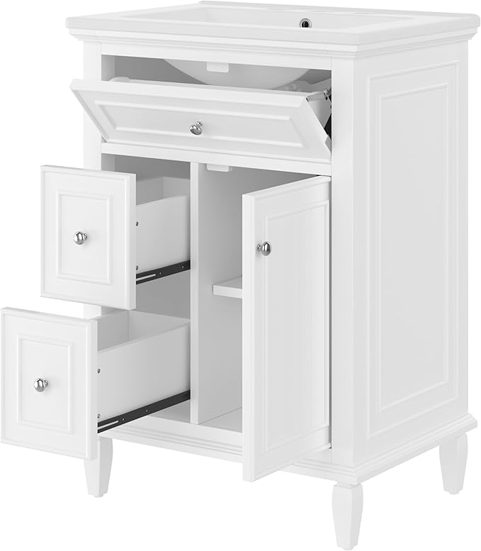 Harper & Bright Designs 24" Bathroom Vanity with Sink, Free Standing Single Basin Vanity Set with Tip-Out Drawer, 2 Drawers, and One Door, Wood Bathroom Cabinet with Ceramic Basin for Bathroom, White